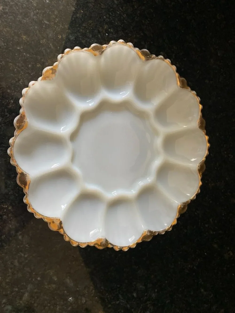 Milk Glass Deviled Egg Plate, 22 KT Gold Trim, 10